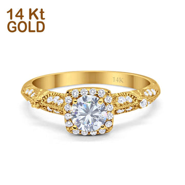 14K Yellow Gold Halo Round Bridal Wedding Engagement Ring Simulated CZ Size-7